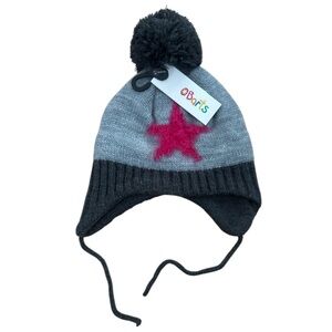 Gray and Black Pom-Pom Beanie with Pink Star